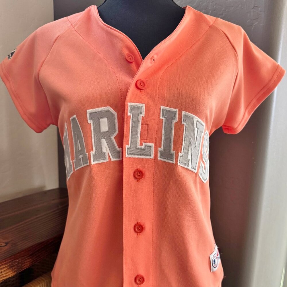 Vintage Florida Marlins Womens Coral Gray Majestic Embroidered Jersey Size Small